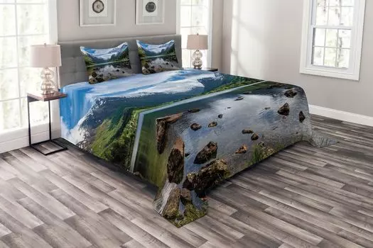 Комплект покрывала ABAKUHAUS Natural, River Open Sky, Норвегия, комплект с моющимися наволочками, для односпальных кроватей 264 x 220 см, белый зеленый коричневый