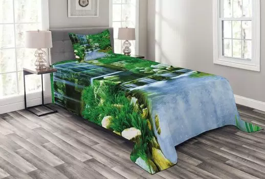 Комплект покрывала ABAKUHAUS Natural, Waterfall Rocks Forest, комплект с моющимися наволочками, для односпальных кроватей 170 x 220 см, зеленый папоротник светло-синий