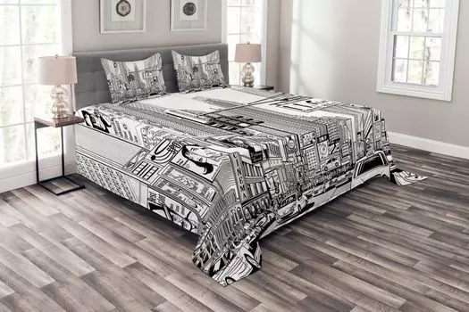Комплект покрывала ABAKUHAUS New York, центр Манхэттена, комплект со моющимися наволочками, для односпальных кроватей 264 x 220 см, черный и белый