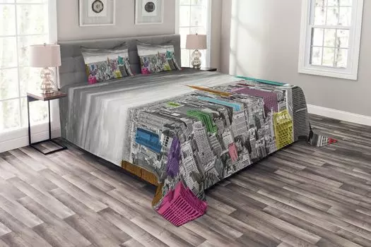 Комплект покрывала ABAKUHAUS New York, Cityscape Architecture, комплект с моющимися наволочками, для односпальных кроватей 220 x 220 см, разноцветный