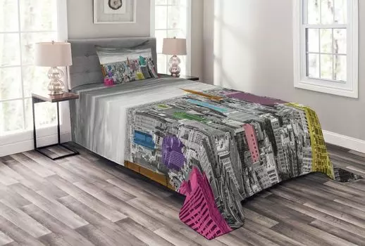 Комплект покрывала ABAKUHAUS New York, Cityscape Architecture, комплект с моющимися наволочками, для односпальных кроватей 170 x 220 см, разноцветный