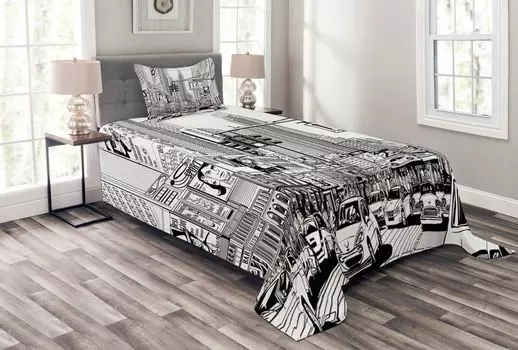 Комплект покрывала ABAKUHAUS New York, Downtown Manhattan, с моющимися наволочками, для односпальных кроватей 170 x 220 см, черный и белый