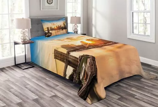 Комплект покрывала ABAKUHAUS New York, вид на Бруклин, комплект с моющимися наволочками, для односпальных кроватей 170 x 220 см, разноцветный