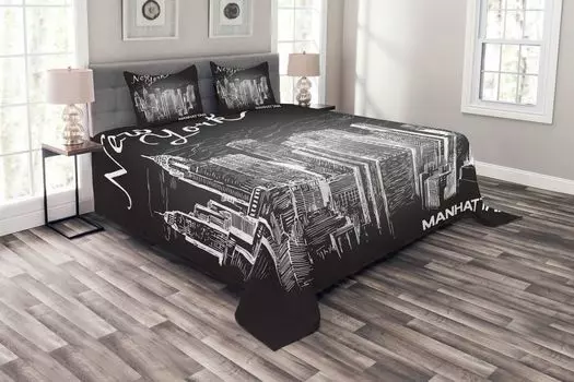 Комплект покрывала ABAKUHAUS NYC, Небоскребы Нью-Йорка, Манхэттена, комплект с моющимися наволочками, для односпальных кроватей 264 x 220 см, темно-серый и белый