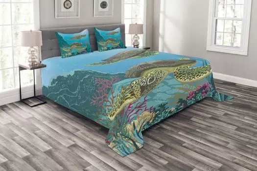 Комплект покрывала ABAKUHAUS Ocean, черепахи Sealife в воде, комплект с моющимися наволочками, для односпальных кроватей 264 x 220 см, разноцветный