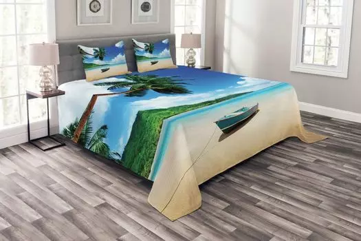 Комплект покрывала ABAKUHAUS Ocean, Лодка на пляже на острове Маэ, комплект с моющимися наволочками, для односпальных кроватей 220 x 220 см, зеленый синий песок