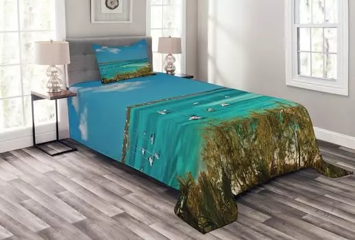 Комплект покрывала ABAKUHAUS Ocean, Лодки на якоре в море, комплект с моющимися наволочками, для односпальных кроватей 170 x 220 см, бирюзово-синий-зеленый