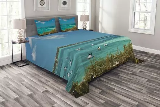 Комплект покрывала ABAKUHAUS Ocean, Лодки на якоре в море, комплект с моющимися наволочками, для односпальных кроватей 220 x 220 см, бирюзово-синий-зеленый