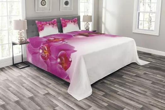 Комплект покрывала ABAKUHAUS Orchid, экзотическая орхидея по фен-шуй, комплект с моющимися наволочками, для односпальных кроватей 264 x 220 см, разноцветный