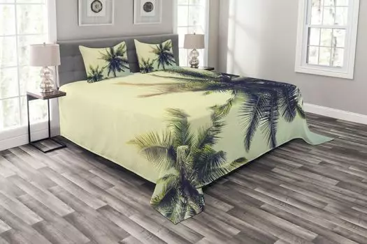 Комплект покрывала ABAKUHAUS Palm Tree, Карибский прибрежный морской пейзаж, комплект с моющимися наволочками, для односпальных кроватей 264 x 220 см, Бледно-желтый, зеленый, коричневый