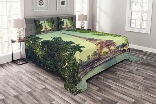 Комплект покрывала ABAKUHAUS Paris, Эйфелева башня, река Сена, комплект с моющимися наволочками, для односпальных кроватей 264 x 220 см, миндально-зеленый, бледно-коричневый