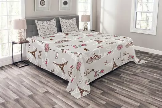 Комплект покрывала ABAKUHAUS Paris, велосипеды, Эйфелева башня и сердечки, комплект с моющимися наволочками, для односпальных кроватей 220 x 220 см, нежно-голубой, коричневый и розовый