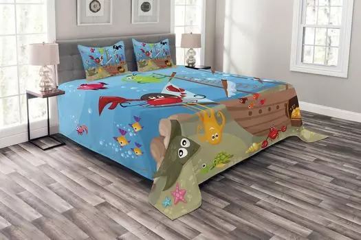 Комплект покрывала ABAKUHAUS Pirate, Корабль подводных животных, комплект с моющимися наволочками, для односпальных кроватей 220 x 220 см, разноцветный