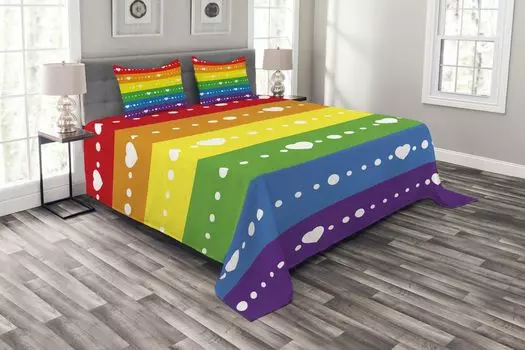 Комплект покрывала ABAKUHAUS Rainbow, точки с флагом гей-прайда, комплект с моющимися наволочками, для односпальных кроватей 264 x 220 см, разноцветный