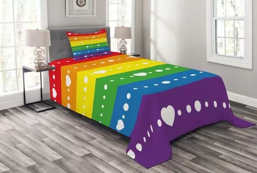 Комплект покрывала ABAKUHAUS Rainbow, точки с флагом гей-прайда, комплект с моющимися наволочками, для односпальных кроватей 170 x 220 см, разноцветный