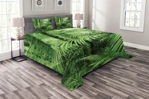 Комплект покрывала ABAKUHAUS Rainforest, экзотические растения пальмы, комплект с моющимися наволочками, для односпальных кроватей 264 x 220 см, зеленый