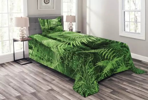 Комплект покрывала ABAKUHAUS Rainforest, экзотические растения с пальмами, комплект с моющимися наволочками, для односпальных кроватей 170 x 220 см, зеленый