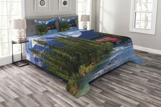 Комплект покрывала ABAKUHAUS River, Lake Louise Banff Village, комплект с моющимися наволочками, для односпальных кроватей 264 x 220 см, зеленая бирюза