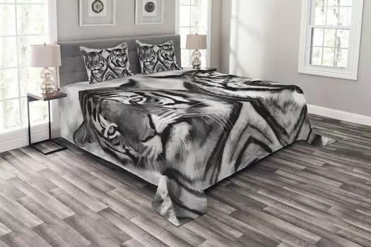 Комплект покрывала ABAKUHAUS Safari, Агрессивный дикий тигр, комплект с моющимися наволочками, для односпальных кроватей 264 x 220 см, Бледно-серый, черный