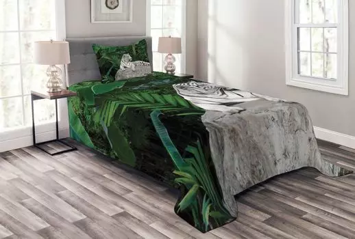Комплект покрывала ABAKUHAUS Safari, Белый тигр в джунглях, комплект с моющимися наволочками, для односпальных кроватей 170 x 220 см, Бежево-зеленый Светло-серый