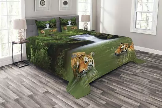 Комплект покрывала ABAKUHAUS Safari, «Сибирские тигры», комплект с моющимися наволочками, для односпальных кроватей 264 x 220 см, Reseda Green Orange
