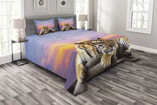 Комплект покрывала ABAKUHAUS Safari, Tiger Colorful Sunset, комплект с моющимися наволочками, для односпальных кроватей 264 x 220 см, лавандово-горчичный