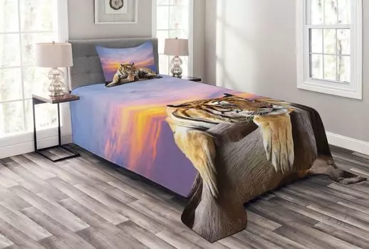 Комплект покрывала ABAKUHAUS Safari, Tiger Colorful Sunset, комплект с моющимися наволочками, для односпальных кроватей 170 x 220 см, лавандово-горчичный