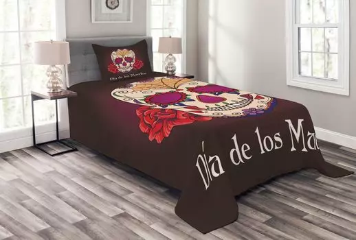 Комплект покрывала ABAKUHAUS Skull, Dia de Los Muertos, комплект с моющимися наволочками, для односпальных кроватей 170 x 220 см, сливово-красный кремовый