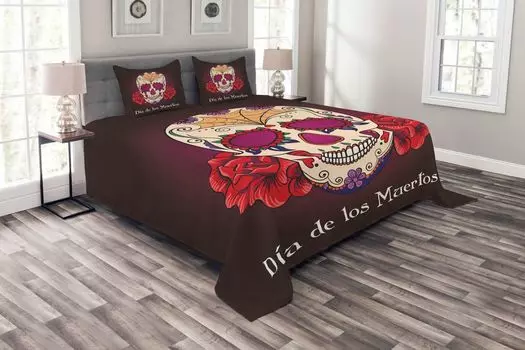 Комплект покрывала ABAKUHAUS Skull, Dia de Los Muertos, комплект с моющимися наволочками, для односпальных кроватей 220 x 220 см, сливово-красный кремовый