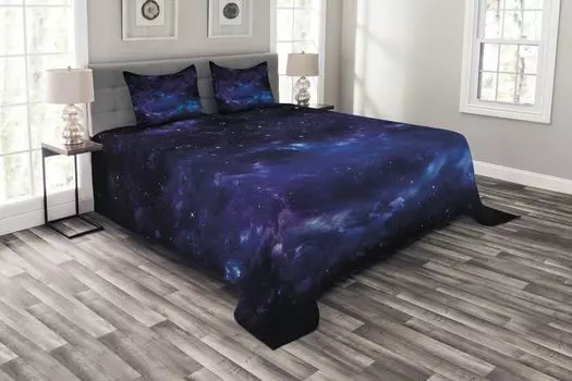 Комплект покрывала ABAKUHAUS Sky, Space Illustration Galaxy, комплект с моющимися наволочками, для односпальных кроватей 220 x 220 см, фиолетовый, кока-серый