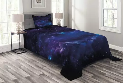 Комплект покрывала ABAKUHAUS Sky, Space Illustration Galaxy, комплект с моющимися наволочками, для односпальных кроватей 170 x 220 см, фиолетовый Coke Grey