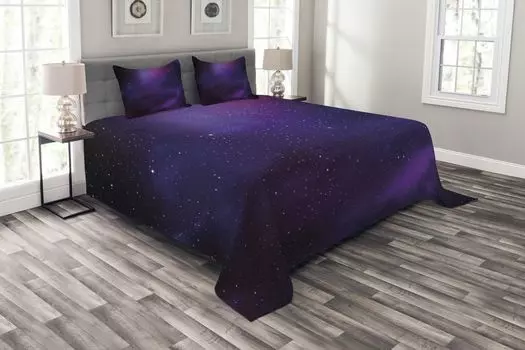 Комплект покрывала ABAKUHAUS Sky, Звезда туманности в стиле галактики, комплект с моющимися наволочками, для односпальных кроватей 220 x 220 см, черный, фиолетовый и розовый