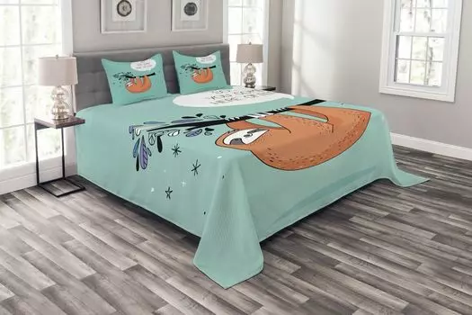 Комплект покрывала ABAKUHAUS Sloth, Flirty Sloth Cartoon, комплект с моющимися наволочками, для односпальных кроватей 264 x 220 см, разноцветный