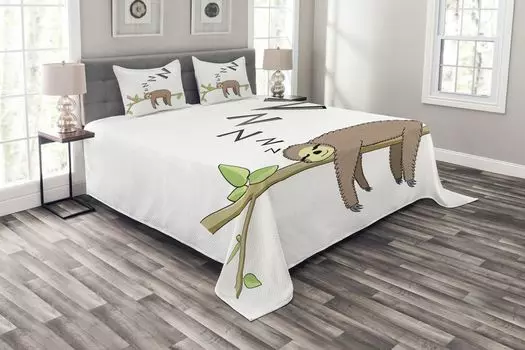 Комплект покрывала ABAKUHAUS Sloth, спальный комплект для древесных млекопитающих с моющимися наволочками, для односпальных кроватей 264 x 220 см, серый, зеленый, коричневый