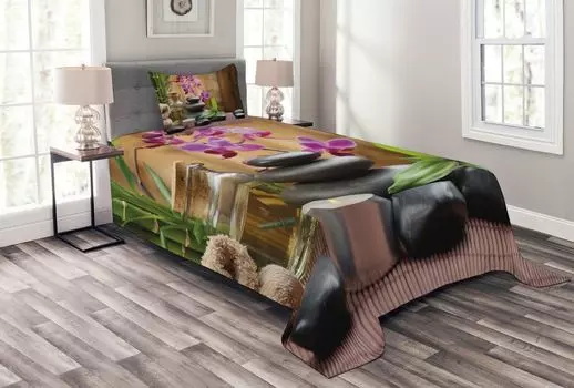Комплект покрывала ABAKUHAUS Spa, теплые камни и цветы, комплект с моющимися наволочками, для односпальных кроватей 170 x 220 см, фиолетовый, черный и зеленый