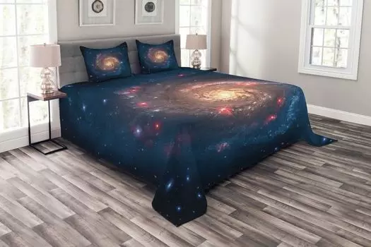 Комплект покрывала ABAKUHAUS Space, Black Hole Cosmos Space, комплект с моющимися наволочками, для односпальных кроватей 264 x 220 см, бирюзовыйовый синий персик