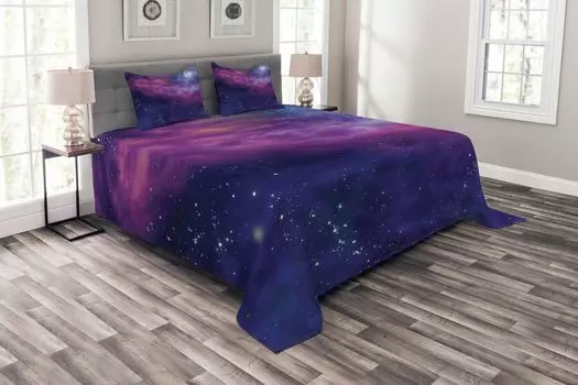 Комплект покрывала ABAKUHAUS Space, Galaxy Nebula Star, комплект с моющимися наволочками, для односпальных кроватей 264 x 220 см, фиолетово-синий