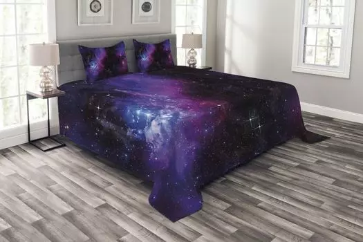 Комплект покрывала ABAKUHAUS Space, Nebula Dark Galaxy Stars, комплект с моющимися наволочками, для односпальных кроватей 264 x 220 см, пурпурный синий