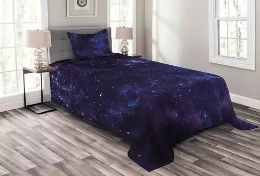 Комплект покрывала ABAKUHAUS Space, Show Starway, комплект с моющимися наволочками, для односпальных кроватей 170 x 220 см, темно-синий черный