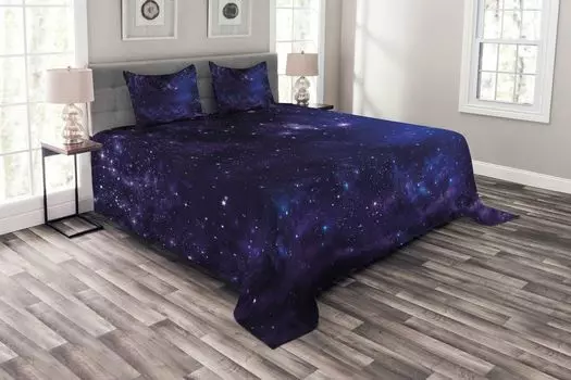 Комплект покрывала ABAKUHAUS Space, Show Starway, комплект с моющимися наволочками, для односпальных кроватей 220 x 220 см, темно-синий черный