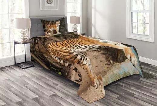 Комплект покрывала ABAKUHAUS Tiger, Alert Angry Royal Feline, комплект с моющимися наволочками, для односпальных кроватей 170 x 220 см, разноцветный