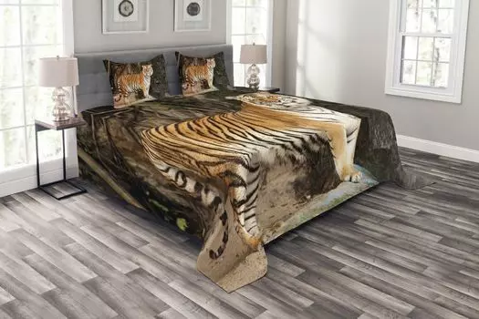 Комплект покрывала ABAKUHAUS Tiger, Alert Angry Royal Feline, комплект с моющимися наволочками, для односпальных кроватей 220 x 220 см, разноцветный