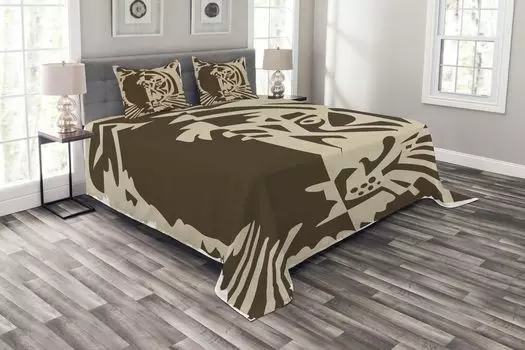 Комплект покрывала ABAKUHAUS Tiger, Big Jungle Predator, комплект с моющимися наволочками, для односпальных кроватей 220 x 220 см, коричневый