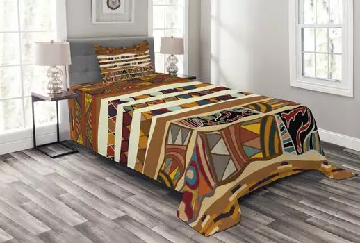 Комплект покрывала ABAKUHAUS Tribal, Boho Folk, комплект с моющимися наволочками, для односпальных кроватей 170 x 220 см, разноцветный
