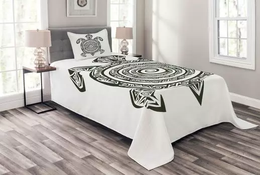 Комплект покрывала ABAKUHAUS Tribal, черепаха маори, комплект с моющимися наволочками, для односпальных кроватей 170 x 220 см, черный и белый