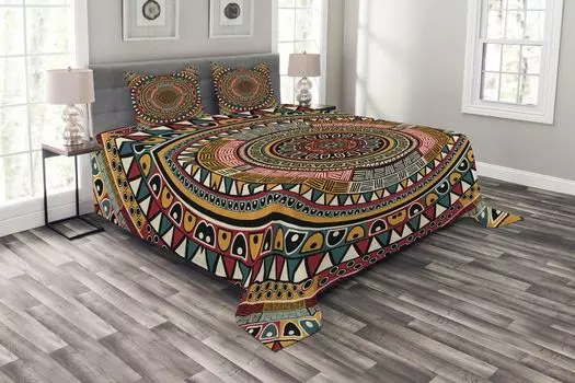 Комплект покрывала ABAKUHAUS Tribal, Color Art, с моющимися наволочками, для односпальных кроватей 220 x 220 см, нефритовый рубин и горчичный
