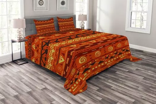 Комплект покрывала ABAKUHAUS Tribal, геометрическое искусство, комплект с наволочками, моющийся, для односпальных кроватей, 264 x 220 см, оранжево-желтый