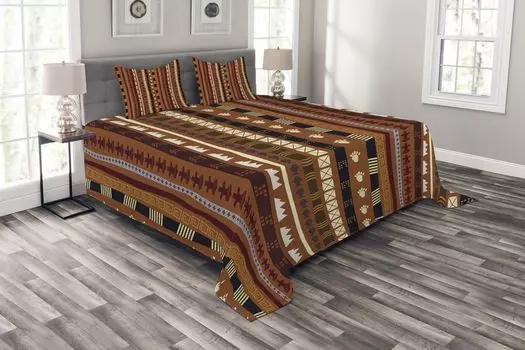 Комплект покрывала ABAKUHAUS Tribal, полоски с абстрактными деталями, комплект с моющимися наволочками, для односпальных кроватей 264 x 220 см, разноцветный