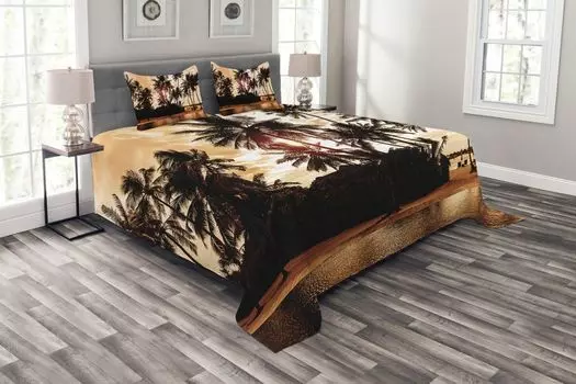 Комплект покрывала ABAKUHAUS Tropical Circle, Ocean Sea Love Palms, комплект с моющимися наволочками, для односпальных кроватей 264 x 220 см, коричневый и оранжевый