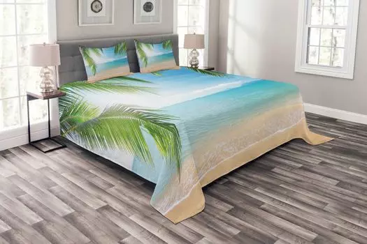 Комплект покрывала ABAKUHAUS Tropical, Surf Travel Thai, комплект с моющимися наволочками, для односпальных кроватей 220 x 220 см, бирюзово-коричневый песочный